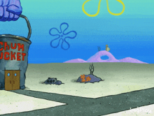 a spongebob squarepants scene with a bucket that says chum bucket