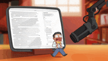 a cartoon of a man eating pizza next to a microphone and a tablet