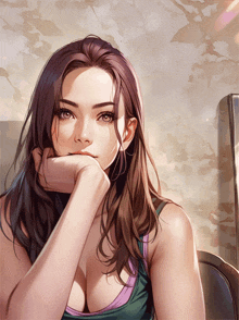 a drawing of a woman with her hand on her chin looking at the camera