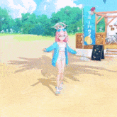 a girl with pink hair and sunglasses is standing on a beach