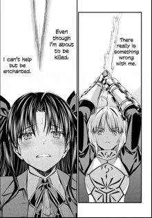 a black and white drawing of a girl holding a sword with the words " there really is something wrong with me "