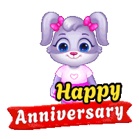 a cartoon rabbit is holding a bouquet of flowers and a happy anniversary sign