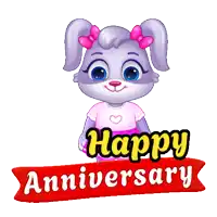 a cartoon rabbit is holding a bouquet of flowers and a happy anniversary sign