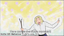 a cartoon of a man laughing and saying here comes the ticklish monster