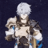 a cartoon character is holding a piece of paper in his hands .