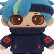 a stuffed animal with blue hair and a blue sweater with red squares on the sleeves