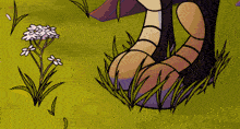 a close up of a cartoon character 's feet standing in the grass .