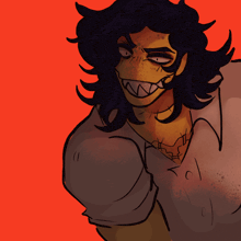 a drawing of a cartoon character with sharp teeth and black hair