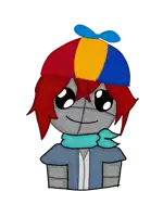 a drawing of a robot with red hair wearing a hat and scarf
