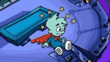 a cartoon character with a red cape is sitting on a purple surface