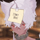 a cartoon character has a note taped to his head that says " stinky brat "