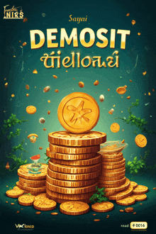 a stack of gold coins on a green background with the words " demosi " on it
