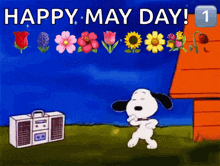 a cartoon of snoopy dancing in front of a boombox with the words happy may day