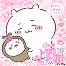 a drawing of a bear holding a baby with a speech bubble that says love love love