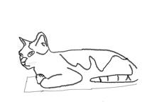 a black and white drawing of a cat laying down with the letter a visible