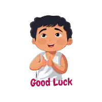 a boy in a white tank top gives a thumbs up with the words " good luck " below him