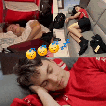 a man in a red adidas shirt is sleeping