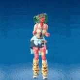 a girl with green hair is standing in front of a blue background with her arms in the air .
