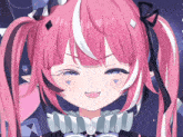 a close up of a pink haired anime character with a bow in her hair