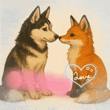 a husky and a fox looking at each other with a heart that says love on it