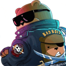 a bear wearing sunglasses and a jacket that says bad boys