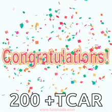 congratulations 200+ tcar written on a white background with colorful confetti