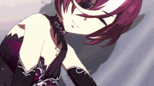 a girl with purple hair and black gloves is laying down