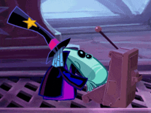 a cartoon character with a top hat and a star on it is sitting next to a machine