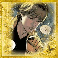 a drawing of a man in a gold frame with butterflies around him