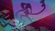 a cartoon character is standing in front of a wall with a shadow of a jester on it