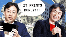 a man holding a phone next to a man holding a microphone with a speech bubble saying it prints money