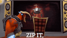 a cartoon character with horns is standing in front of a screen that says zip it .