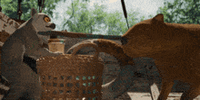 a lemur and a bear are looking at a basket