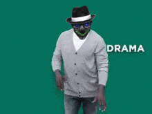 a man wearing a hat and a cardigan is dancing with the word anxiety in the background