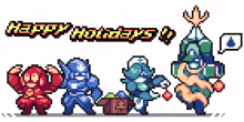 a pixel art of a group of cartoon characters with the words happy holidays written above them