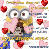 a picture of a minion surrounded by hearts with the words celebrating gods gift of monday