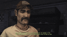 a man with a mustache talks to another man in front of a snacks sign