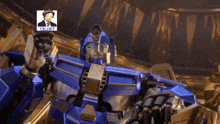 a robot with a man in a suit behind it that says " bust "