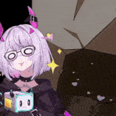a cartoon of a girl with glasses and horns holding a robot