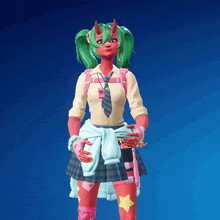 a girl with green hair and horns is wearing a tie
