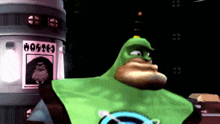 a green cartoon character is standing in front of a wanted sign