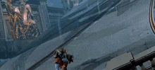a video game character is laying on the ground with a statue behind him