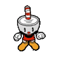a pixel art drawing of a cartoon character with a cup on his head and a striped hat .