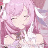 a girl with pink hair and white gloves is smiling and says ary when ollie sends a selfie