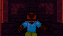 a cartoon character in a blue shirt with a red face is standing in front of a brick wall