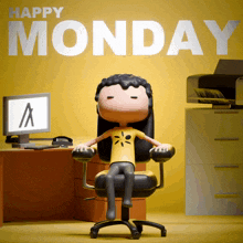 a cartoon character is sitting in an office chair with the words happy monday behind her