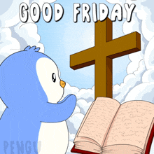 a penguin is standing in front of a cross and a bible with the words good friday above it
