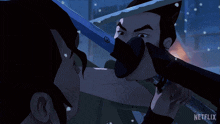 a man is holding a sword over another man 's head with netflix written on the bottom