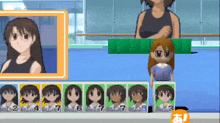 a cartoon girl with glasses is standing in front of a row of cartoon girls with numbers 1 through 9