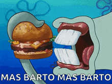 a cartoon of a spongebob character eating a hamburger with the words mas barto mas barto below it